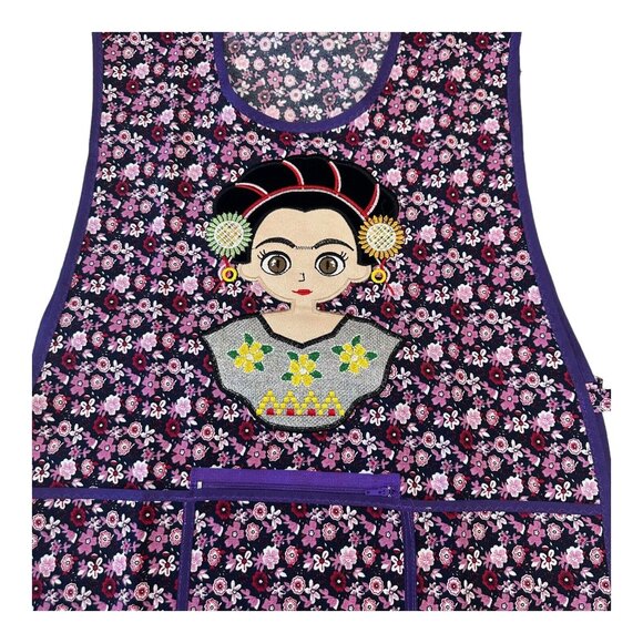 MEXICAN BRAND Apron O/S Purple Floral Frida Kahlo Embroidery Design Front Pocket - Picture 6 of 7